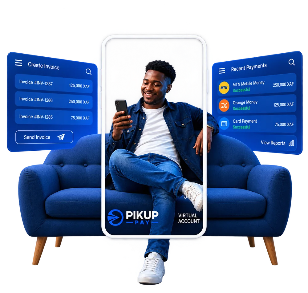 A PIKUP PAY operator relaxing on a sofa, sending invoices and receiving MTN Mobile Money, Orange Money and card payments from his phone