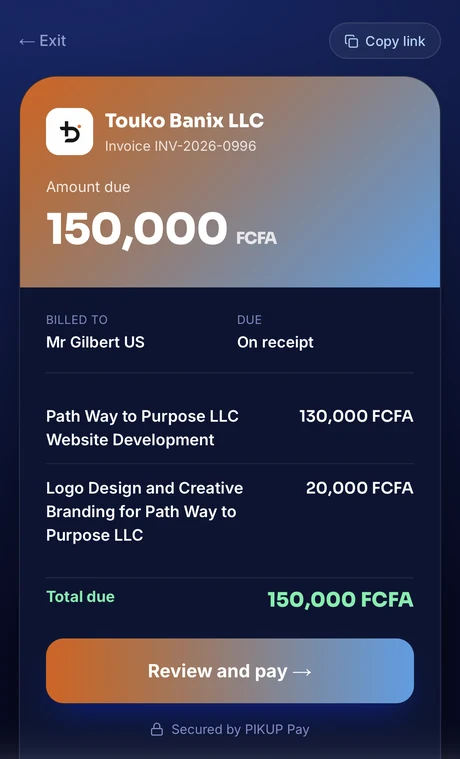 A PIKUP PAY invoice link open in a customer's browser, ready to pay