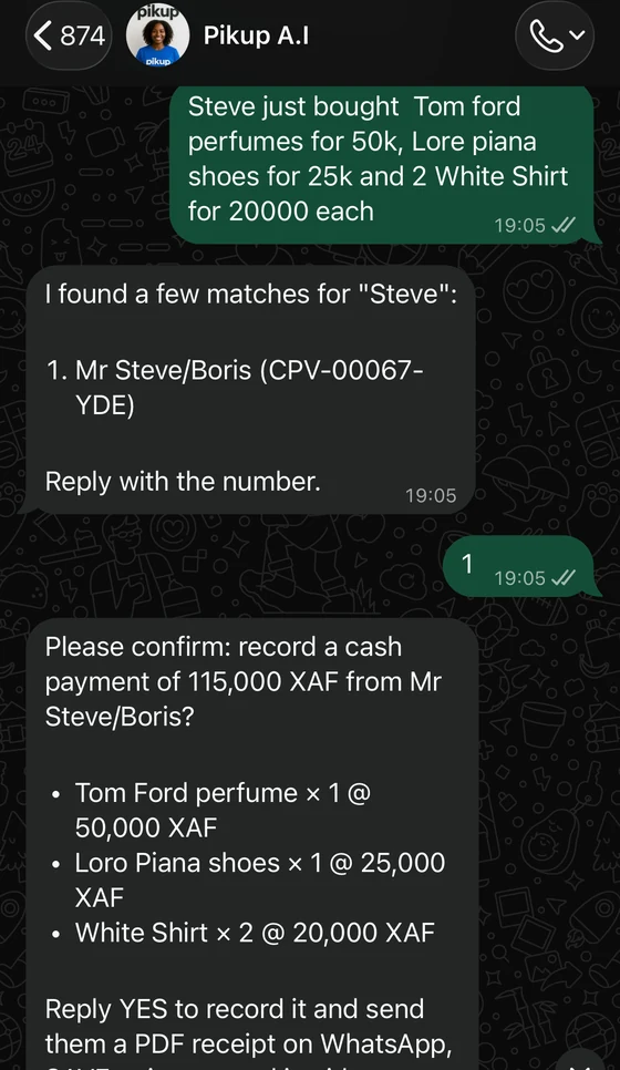 Kupi, PIKUP PAY's AI assistant, recording a sale on WhatsApp