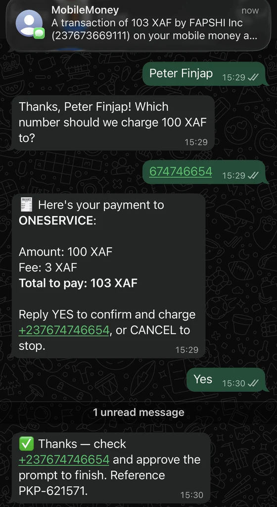 A customer confirming a subscription payment through WhatsApp